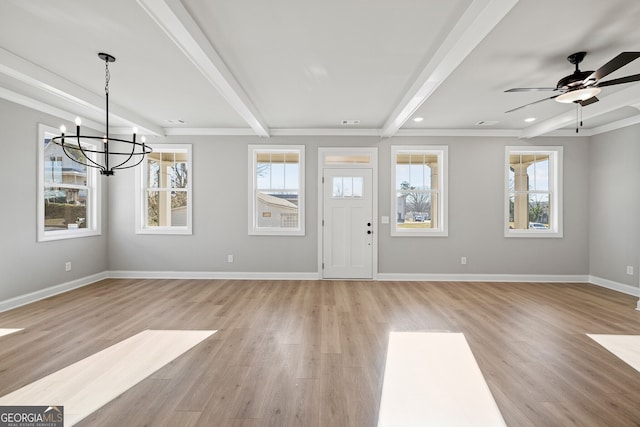 foyer entrance featuring light wood-style flooring, baseboards, beam ceiling, and ceiling fan with notable chandelier