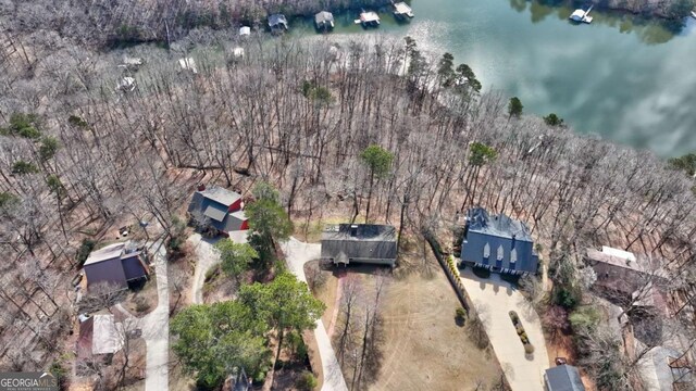 aerial view featuring a water view and a view of trees
