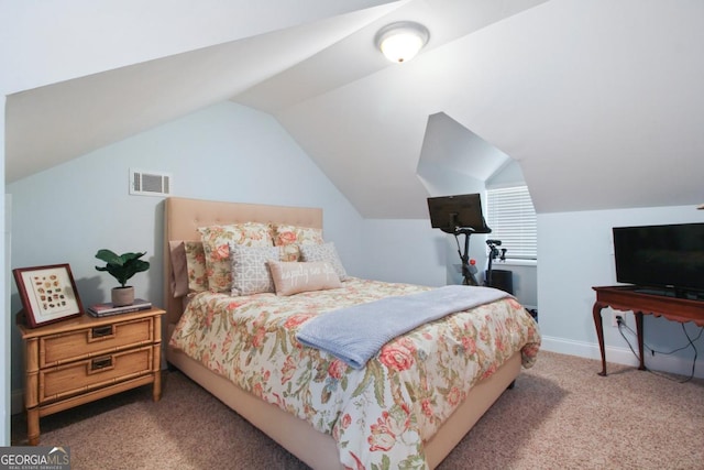 bedroom with carpet floors, baseboards, visible vents, and vaulted ceiling