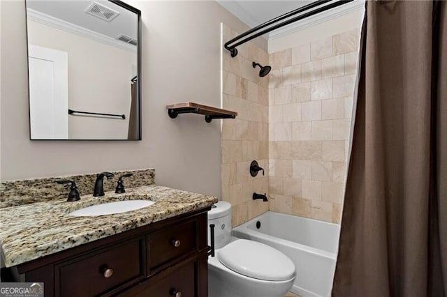 bathroom with shower / bath combo, visible vents, toilet, ornamental molding, and vanity