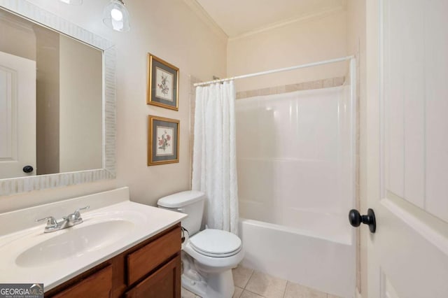 bathroom featuring shower / tub combo with curtain, crown molding, toilet, vanity, and tile patterned flooring