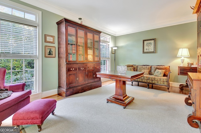 interior space featuring carpet floors, baseboards, and ornamental molding