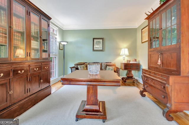 living area with baseboards and crown molding