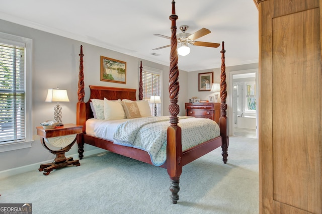 bedroom with baseboards, visible vents, a ceiling fan, carpet, and crown molding