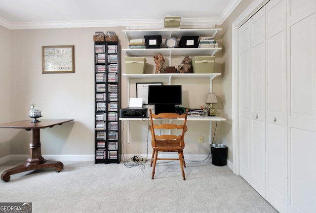 home office featuring carpet, crown molding, and baseboards