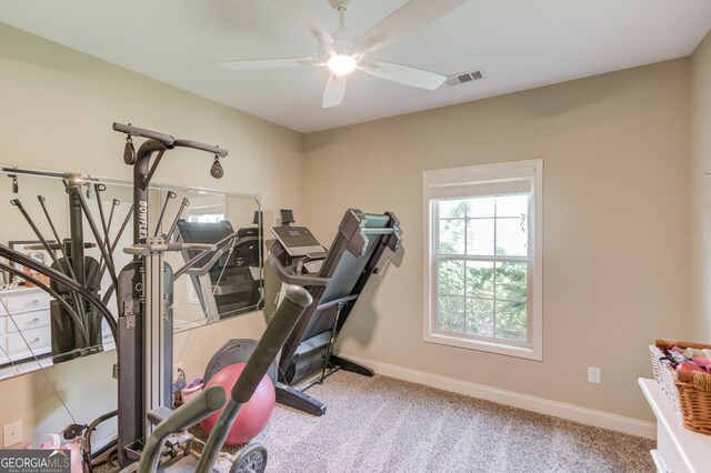 1433 Henderson Ridge Ln, Loganville, GA 30052 - exercise room featuring carpet floors, baseboards, visible vents, and a ceiling fan