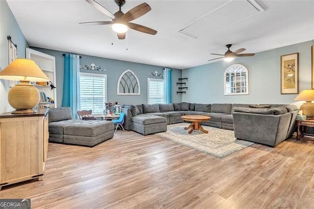 living area with attic access, ceiling fan, and light wood-style flooring