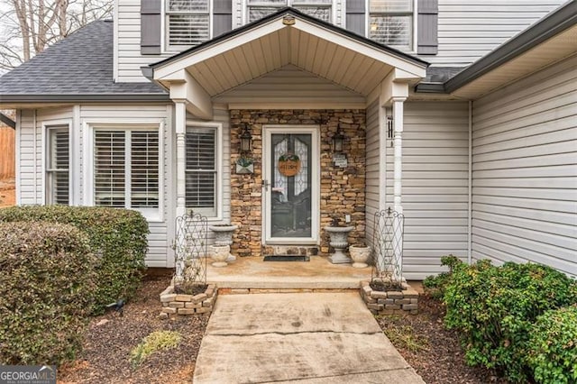 doorway to property with stone siding and roof with shingles