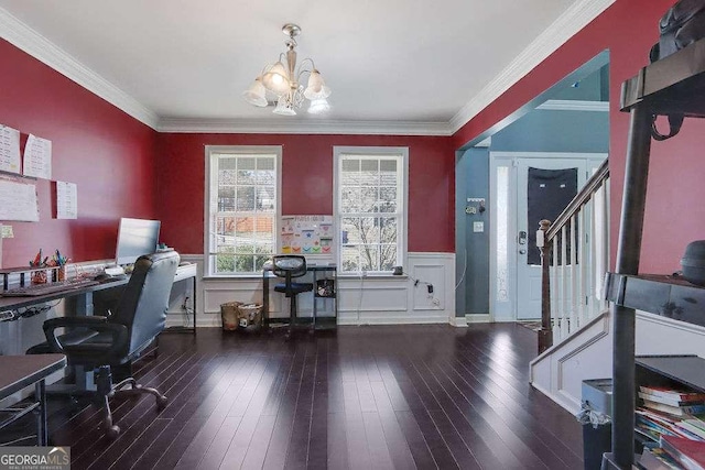 office featuring an inviting chandelier, crown molding, hardwood / wood-style floors, and wainscoting