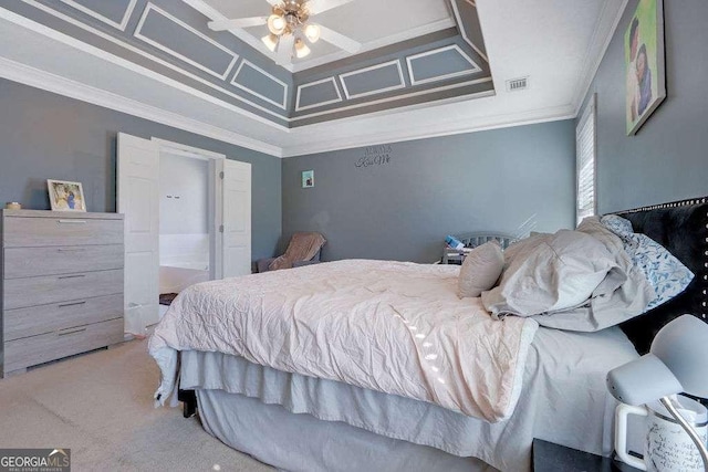 bedroom with ornamental molding, visible vents, carpet floors, and coffered ceiling