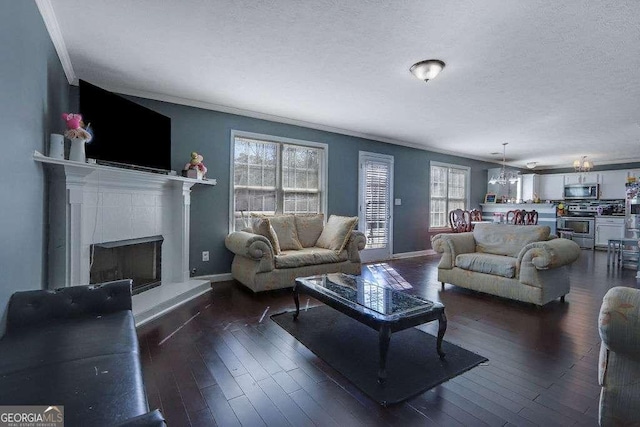 living room featuring baseboards, a fireplace with raised hearth, dark wood-style floors, ornamental molding, and a textured ceiling