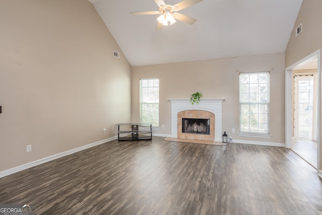 unfurnished living room featuring plenty of natural light, a fireplace, and visible vents