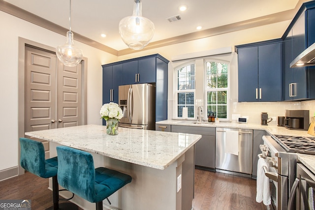 kitchen with dark wood-style floors, a breakfast bar area, blue cabinetry, appliances with stainless steel finishes, and a sink