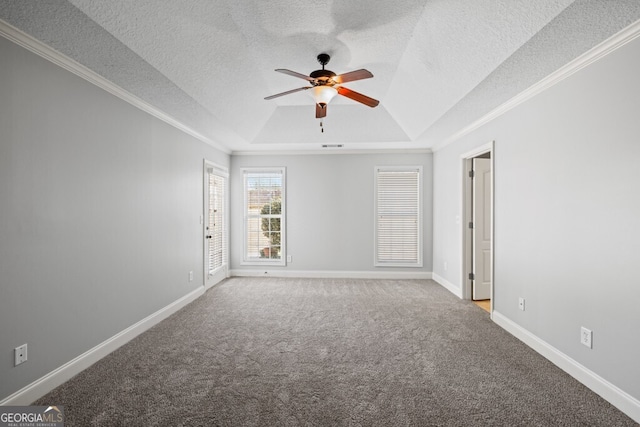 1409 Nantucket Dr, Bethlehem, GA 30620 - unfurnished room featuring a tray ceiling, ceiling fan, crown molding, carpet, and a textured ceiling