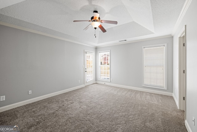 1409 Nantucket Dr, Bethlehem, GA 30620 - carpeted empty room featuring a tray ceiling, ornamental molding, a ceiling fan, and a textured ceiling