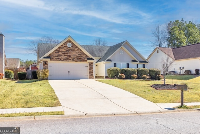 1409 Nantucket Dr, Bethlehem, GA 30620 - view of front of house featuring an attached garage, a front lawn, concrete driveway, stone siding, and board and batten siding