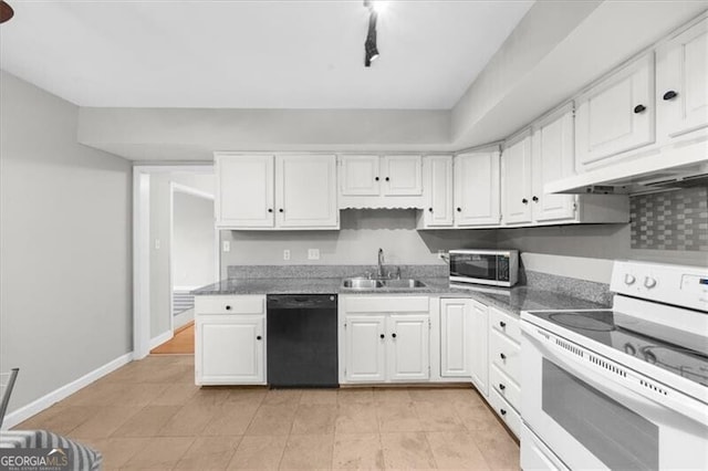 kitchen featuring black dishwasher, electric range, stainless steel microwave, under cabinet range hood, and a sink