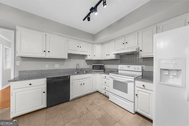 kitchen with white appliances, light tile patterned floors, under cabinet range hood, white cabinetry, and a sink