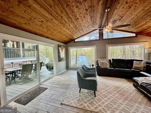 3928 Lake Ct, Gainesville, GA 30501 - living area featuring ceiling fan, wood ceiling, lofted ceiling, and wood finished floors