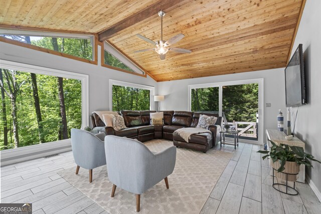 3928 Lake Ct, Gainesville, GA 30501 - living area featuring plenty of natural light, a ceiling fan, lofted ceiling with beams, and wooden ceiling