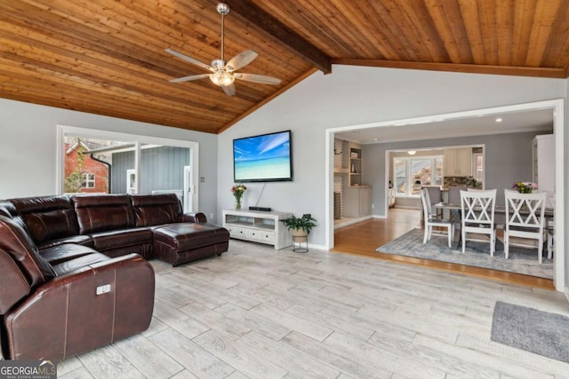 living area featuring light wood-type flooring, vaulted ceiling with beams, and wood ceiling