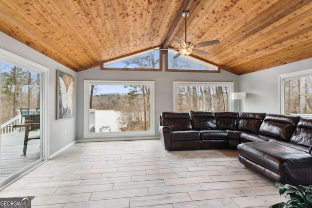 living area with baseboards, a ceiling fan, wood ceiling, wood finished floors, and vaulted ceiling with beams