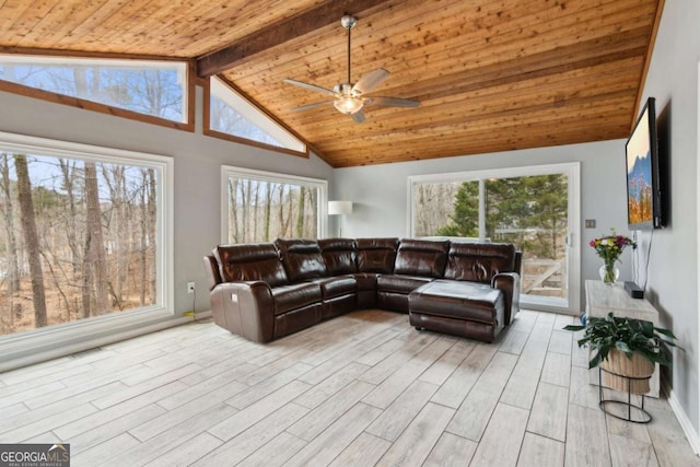 living area featuring high vaulted ceiling, beamed ceiling, wooden ceiling, and wood finished floors