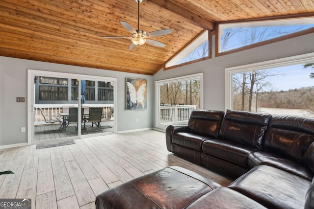 living room with high vaulted ceiling, wood finished floors, wood ceiling, and baseboards