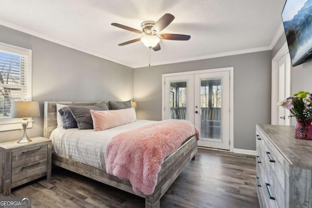 bedroom with access to outside, multiple windows, dark wood-style flooring, and french doors