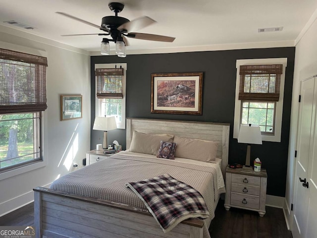 bedroom with multiple windows, visible vents, and dark wood finished floors