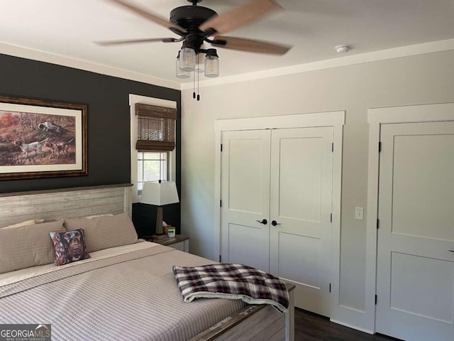 bedroom featuring a ceiling fan, dark wood-style flooring, a closet, and ornamental molding