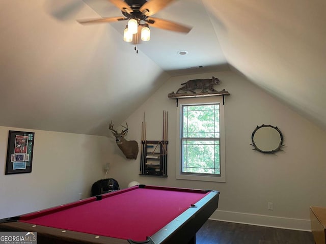 game room with visible vents, baseboards, lofted ceiling, wood finished floors, and pool table