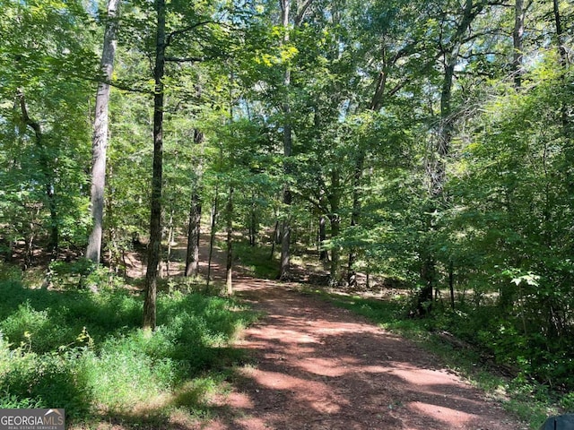 view of landscape featuring a forest view