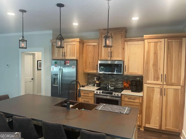 kitchen featuring decorative backsplash, a kitchen breakfast bar, dark wood-style flooring, stainless steel appliances, and a sink