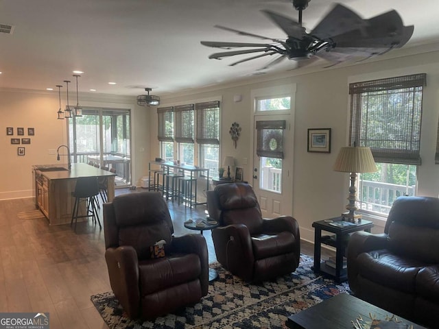 living room with ornamental molding, wood finished floors, and a wealth of natural light