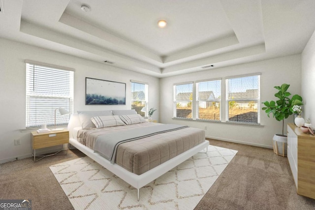 bedroom featuring baseboards, a tray ceiling, and carpet floors