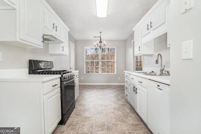 kitchen featuring black range with gas cooktop, a chandelier, dishwasher, white cabinetry, and a sink