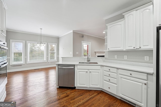 kitchen with visible vents, a peninsula, stainless steel dishwasher, white cabinetry, and a sink