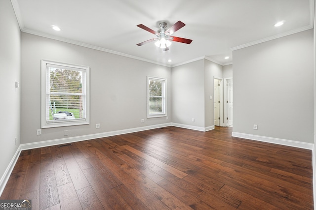 unfurnished room featuring dark wood-style floors, recessed lighting, and baseboards