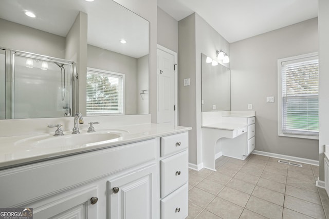 bathroom with a stall shower, visible vents, baseboards, tile patterned flooring, and vanity