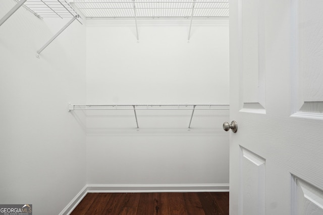 spacious closet with dark wood-style flooring