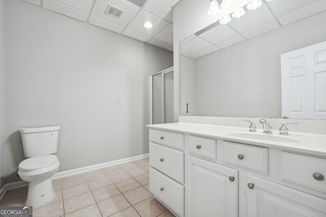 full bath featuring visible vents, toilet, tile patterned flooring, vanity, and a shower stall