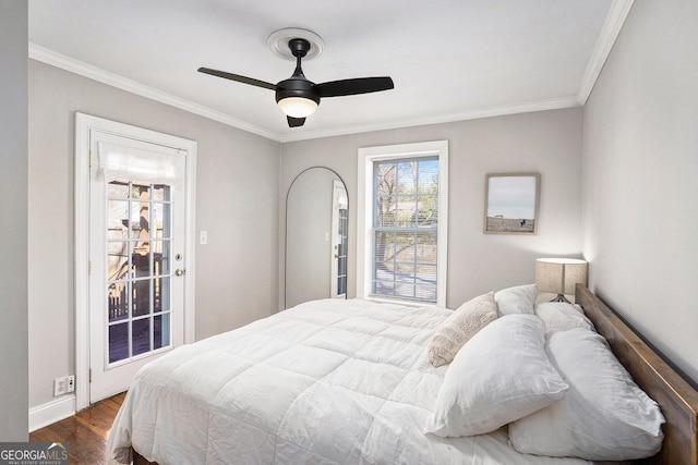 bedroom featuring a ceiling fan, baseboards, ornamental molding, and dark wood-style flooring