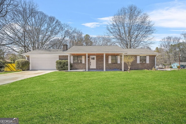 ranch-style home featuring a garage, concrete driveway, a chimney, a front lawn, and brick siding