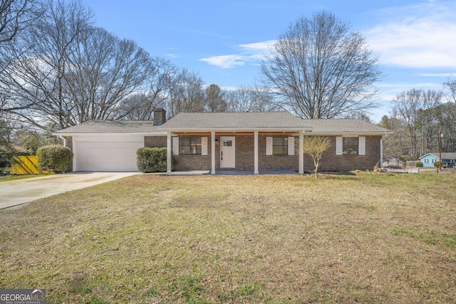 ranch-style home with a porch, a garage, concrete driveway, a chimney, and a front yard