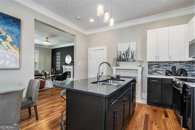 kitchen with wood finished floors, stainless steel electric range, a lit fireplace, a sink, and white cabinets