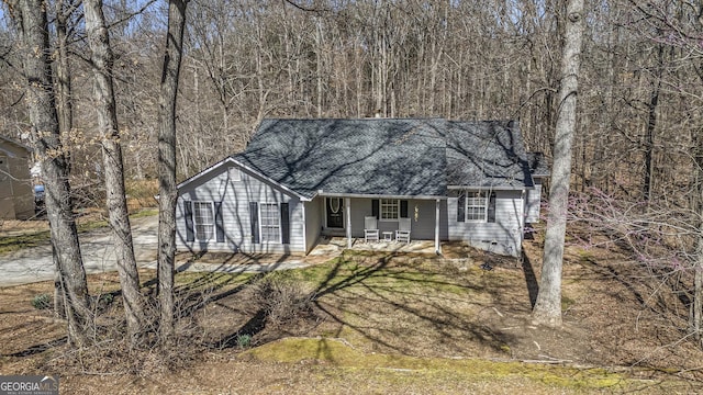 view of front facade featuring covered porch and roof with shingles