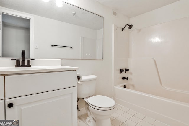 bathroom with shower / bathtub combination, vanity, toilet, and tile patterned floors