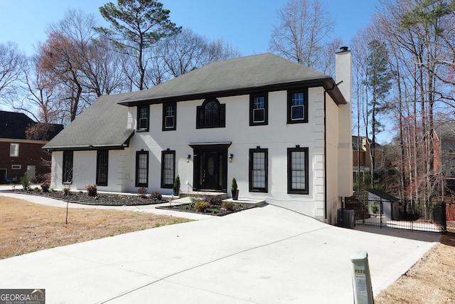 view of front of home with a gate, a shingled roof, stucco siding, concrete driveway, and a chimney