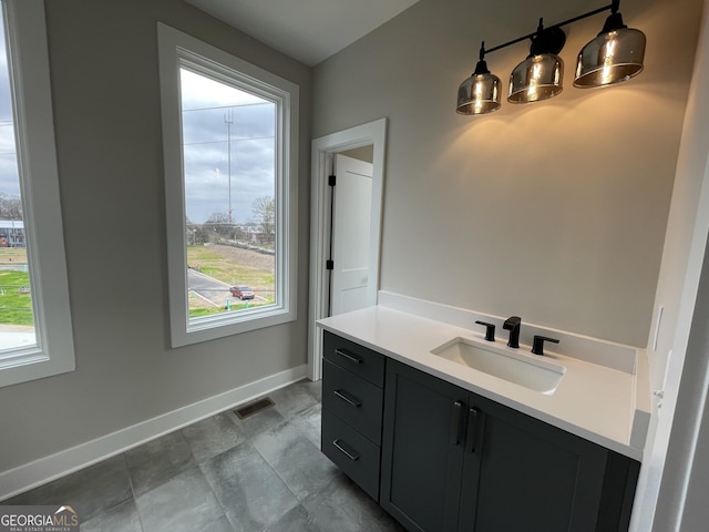 bathroom with visible vents, baseboards, and vanity